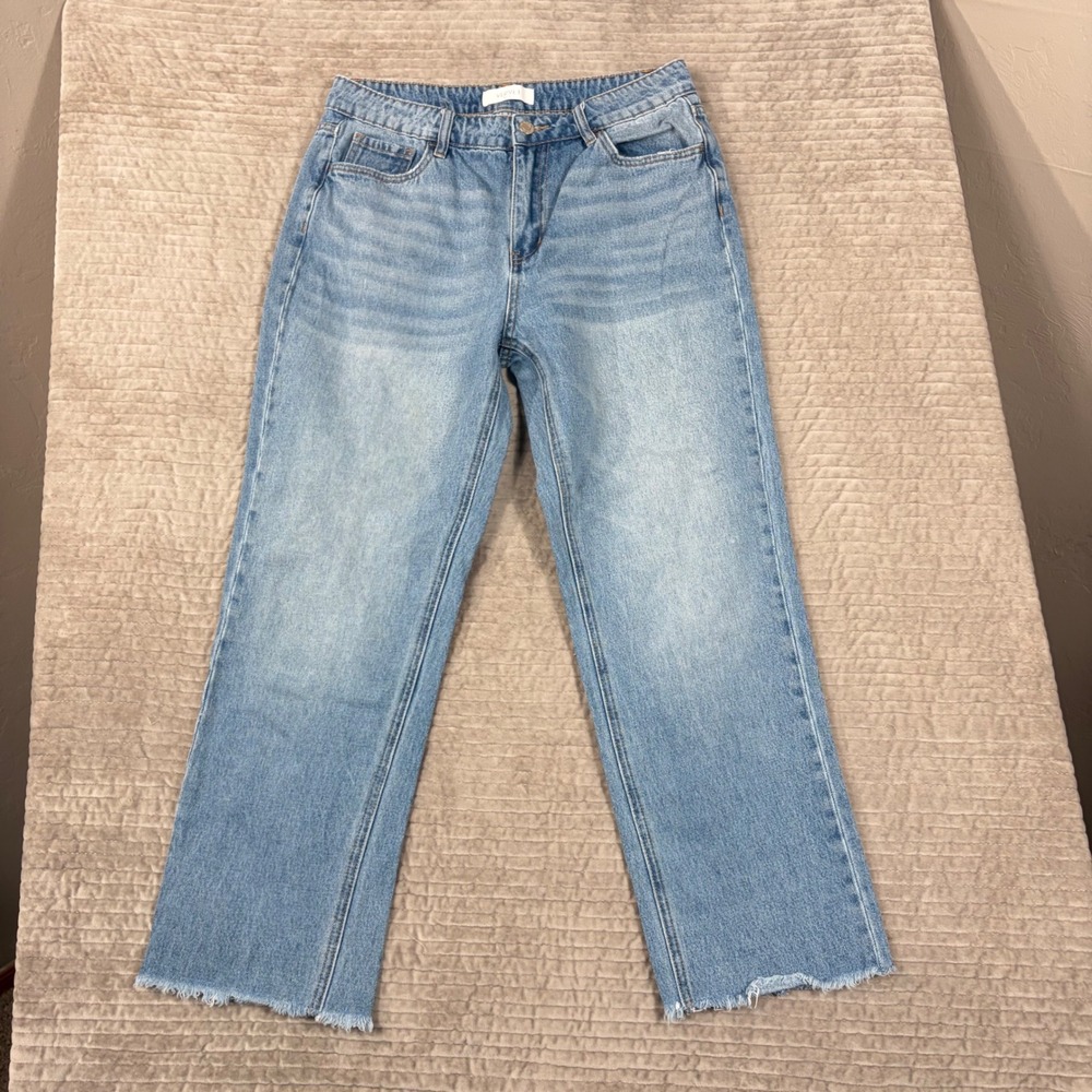 Vervet Blue High Rise Straight Leg Jeans Light Wash Raw Hem Seam Back T5912 29